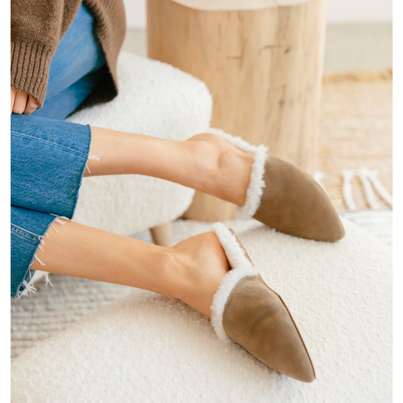 Jenni Kayne Shearling Mule Slippers Size 8 – Suede Pointed Toe Cozy Slides - Picture 1 of 9